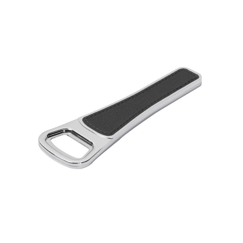 Brooklyn bottle opener with chrome metal finish and leather inserts by Giobagnara