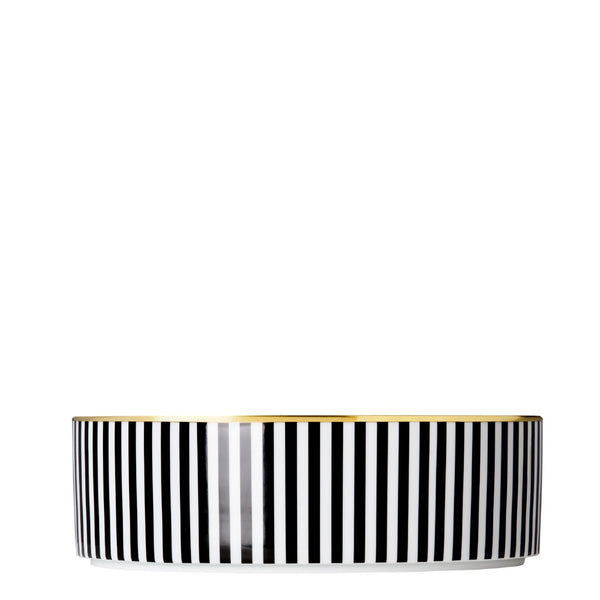 Xlarge porcelain bowl in cylindrical form decorated with black and white striped pattern and finished with gold edge from ca d oro sieger furstenberg