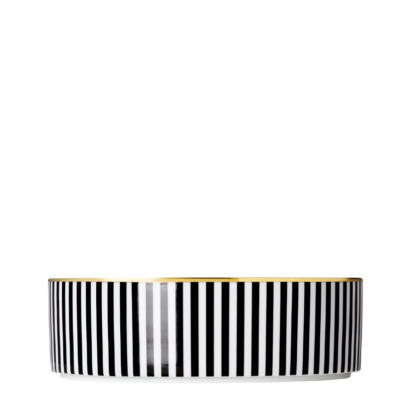 Xlarge porcelain bowl in cylindrical form decorated with black and white striped pattern and finished with gold edge from ca d oro sieger furstenberg