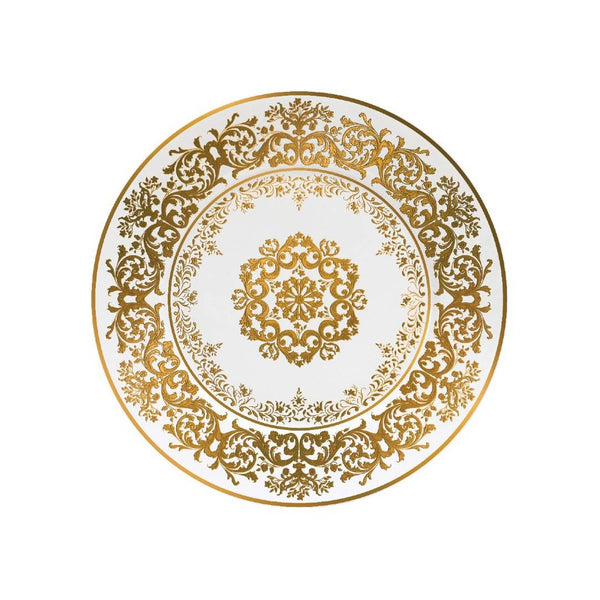 Decorative plate with gold intricate patterns on a white background