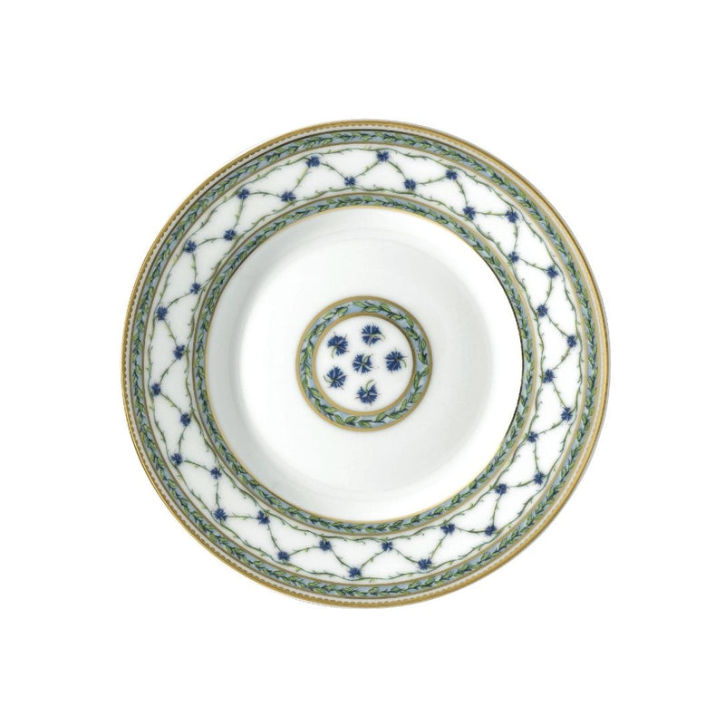 Allée du Roy bread and butter plate by Raynaud in Limoges porcelain with trellis, laurel crowns, cornflowers, and gold detailing.