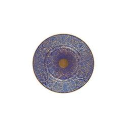 A round porcelain bread and butter plate with a geometric pattern featuring cobalt blue and gold accents.