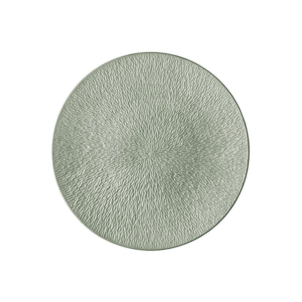 Raynaud Minéral Irisé Céladon porcelain bread and butter plate with engraved rim and iridescent celadon glaze