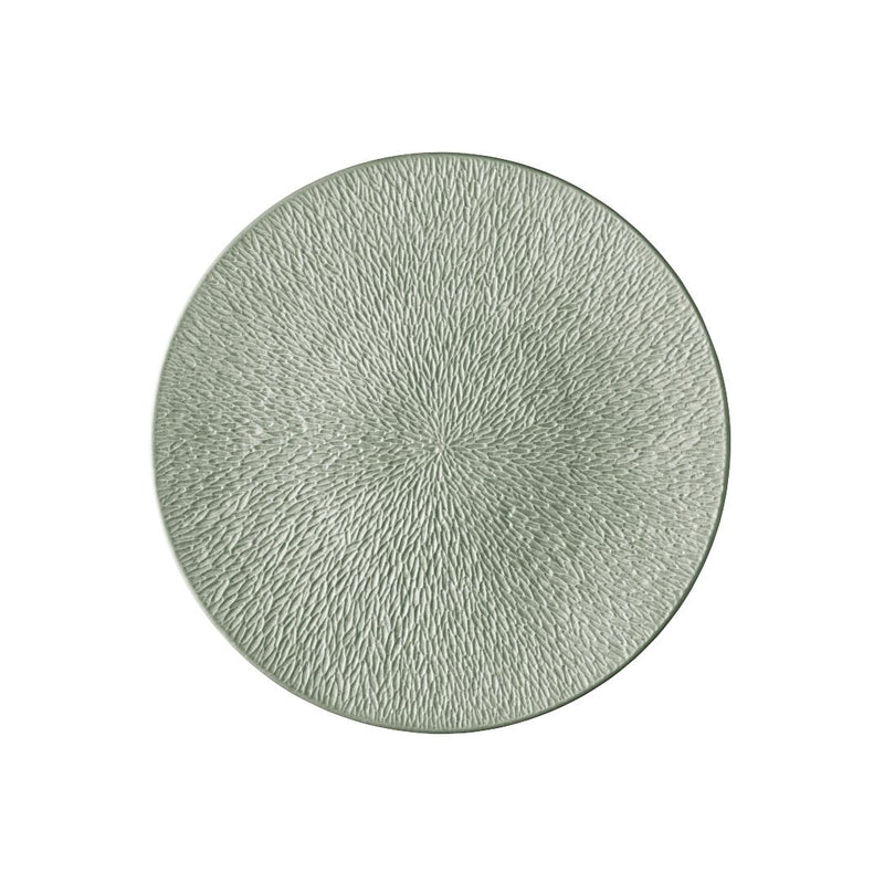 Raynaud Minéral Irisé Céladon porcelain bread and butter plate with engraved rim and iridescent celadon glaze
