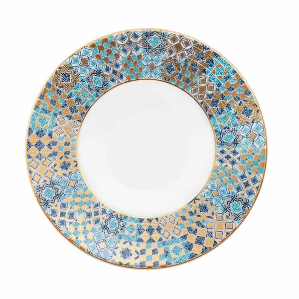 Decorative plate with a blue and gold geometric pattern on a white background