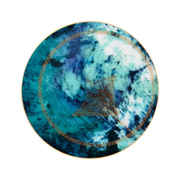 Haviland Océan Bleu Bread & Butter Plate with golden manta ray motif on Limoges porcelain in deep ocean blue tones.