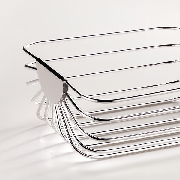 Close-up rectangular silver-plated bread and fruit basket Venezia design by Greggio