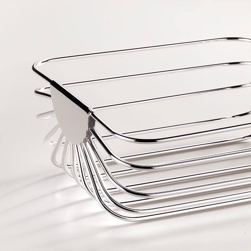 Close-up rectangular silver-plated bread and fruit basket Venezia design by Greggio