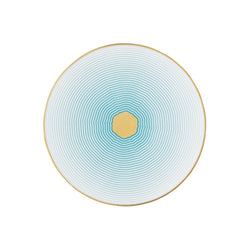 Bread Plate Aura by Raynaud in fine Limoges porcelain with golden rim and blue scalloped accents.