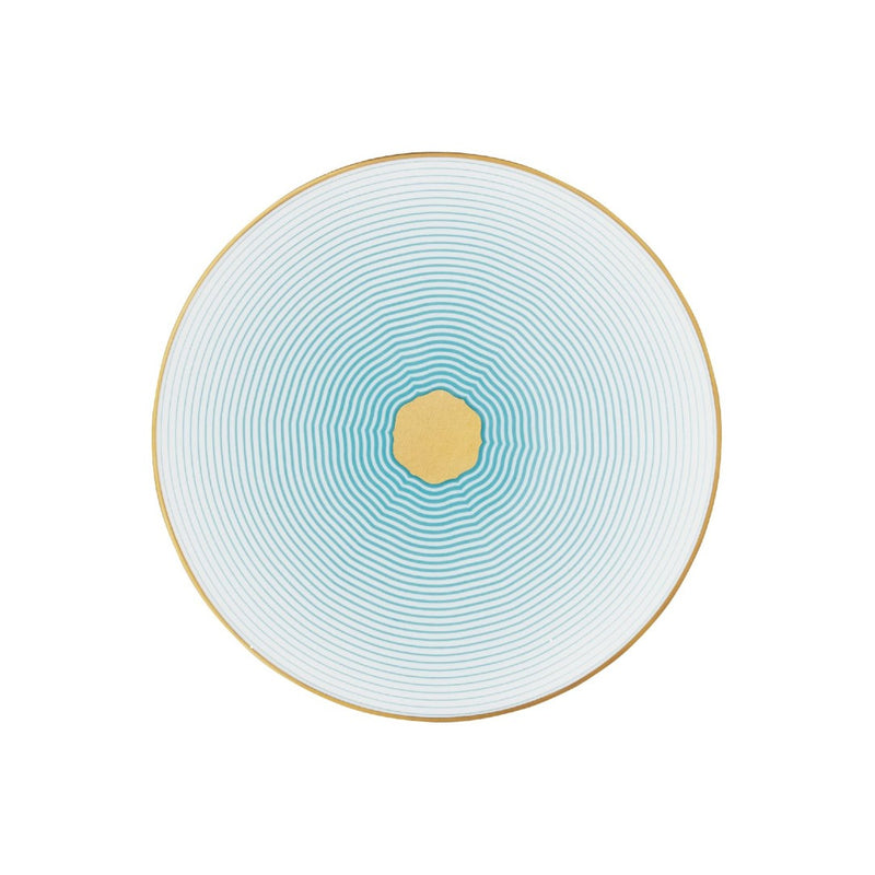 Bread Plate Aura by Raynaud in fine Limoges porcelain with golden rim and blue scalloped accents.