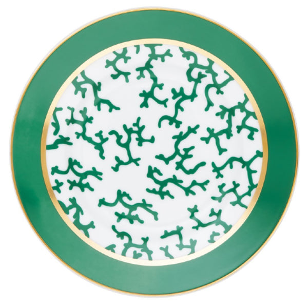 Raynaud Cristobal Emerald Bread Plate No.1 in Limoges porcelain with emerald green coral motifs, gold rim, and green border.