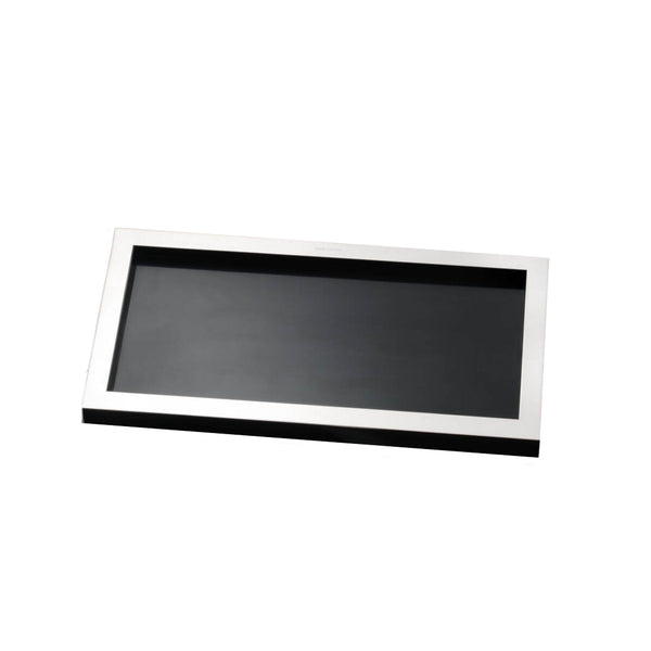 A silver-plated bread tray with a black interior and silver exterior, with a metallic silver-plated rim.