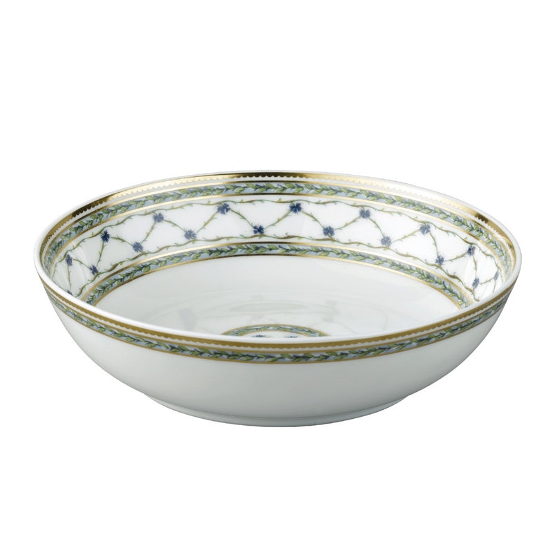 Breakfast bowl Allée du Roy by Raynaud in Limoges porcelain with trellis, cornflowers, laurel crowns, and gold detailing.