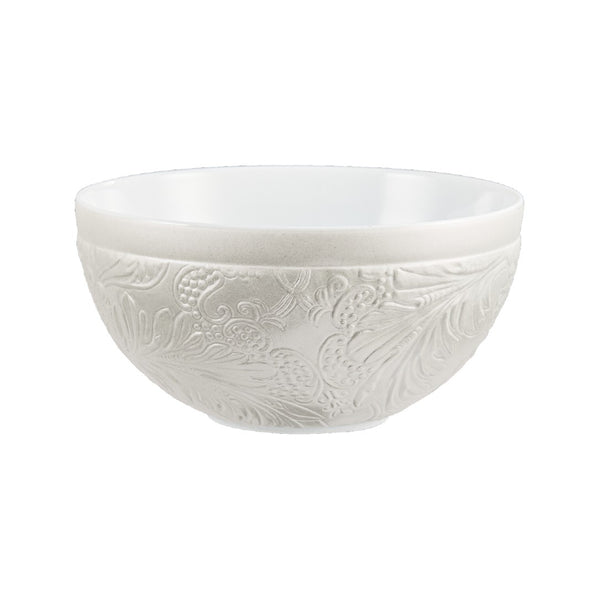 Italian Renaissance Irisé Pearl Grey breakfast bowl by Raynaud, Limoges porcelain with arabesques, pearl grey iridescence, and platinum accents.

