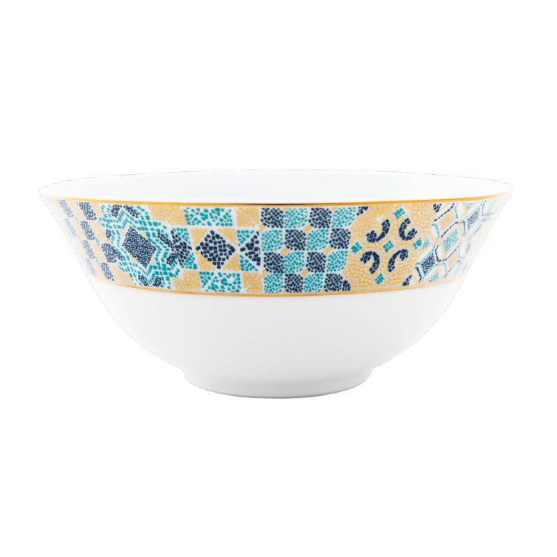 Breakfast Bowl Portofino by Haviland in Limoges porcelain with blue and gold Mediterranean mosaic design.