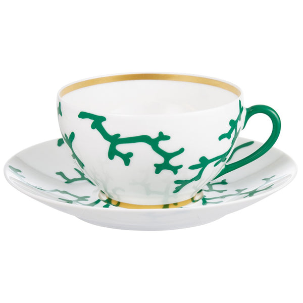 Cristobal Emerald breakfast cup and saucer by Raynaud in Limoges porcelain with emerald coral motifs and gold detailing.