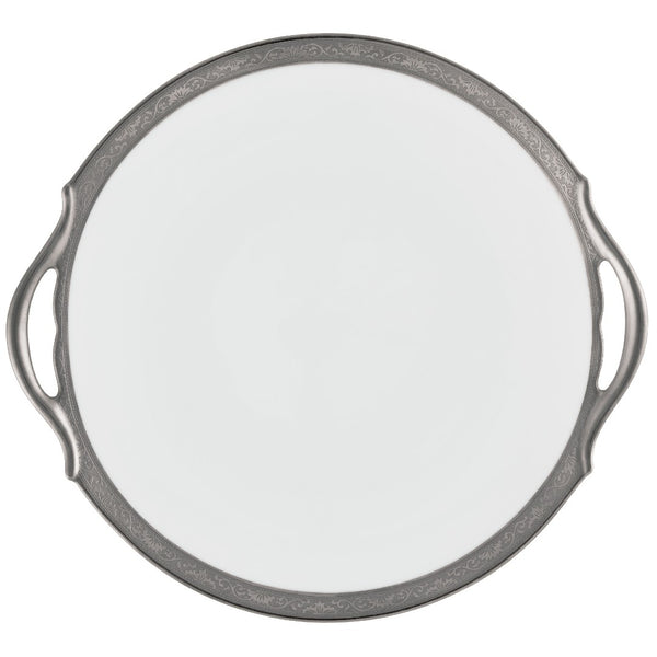 Raynaud Ambassador Platine 25cm porcelain cake dish with handles and platinum Renaissance border

