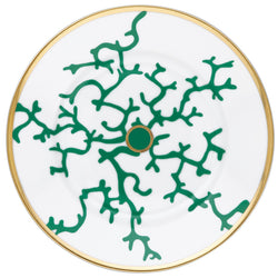Raynaud Cristobal Emerald Cake Plate Flat Rim No.1 in Limoges porcelain with emerald green coral motifs and gold rim.