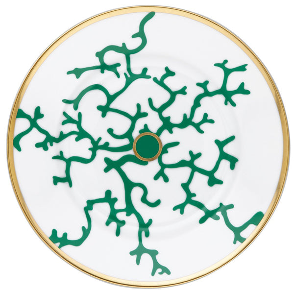 Raynaud Cristobal Emerald Cake Plate Flat Rim No.1 in Limoges porcelain with emerald green coral motifs and gold rim.