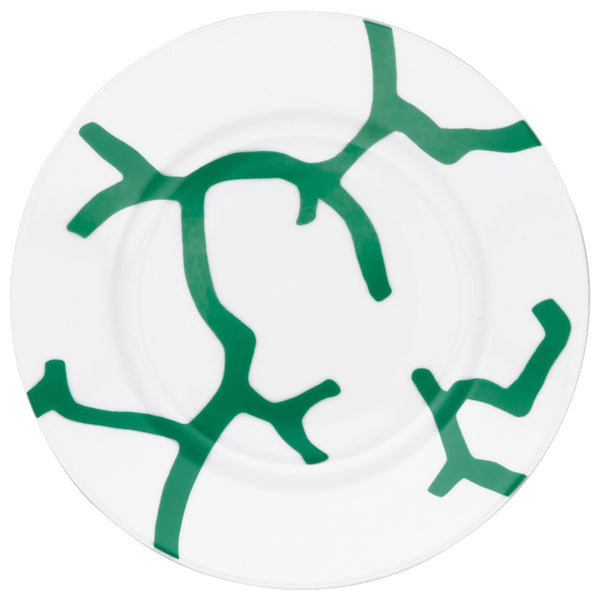 Raynaud Cristobal Emerald Cake Plate Flat Rim No.2 in Limoges porcelain with emerald green coral motifs on white background.