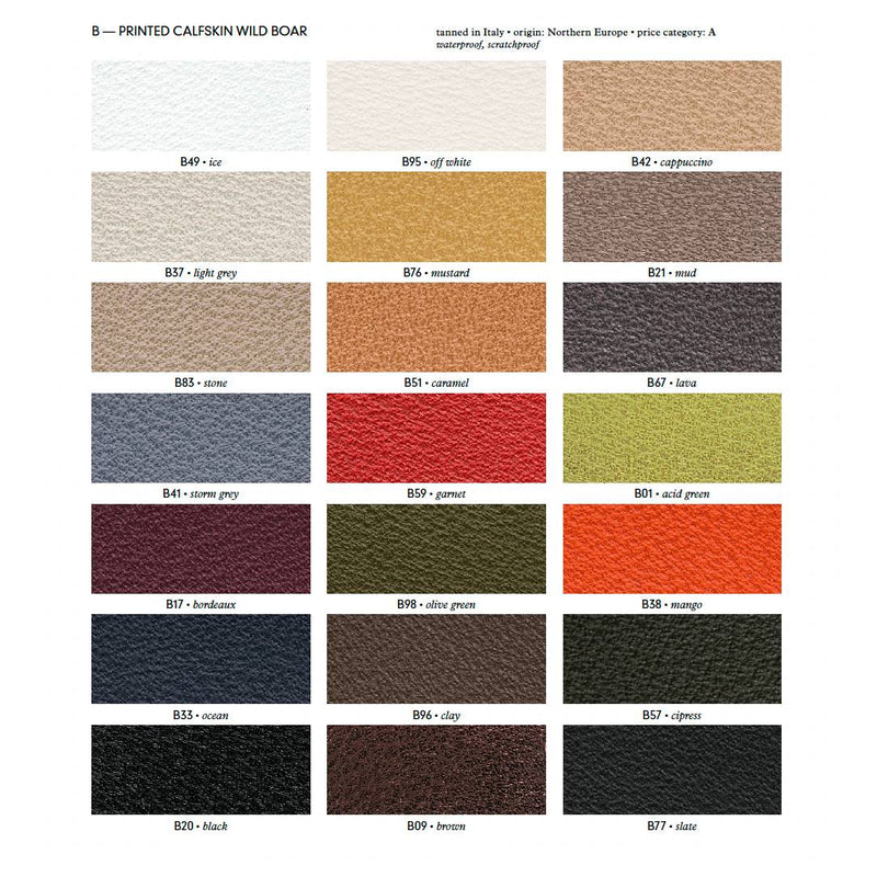 Color swatch chart with printed calfskin wild boar leather samples in various colors.