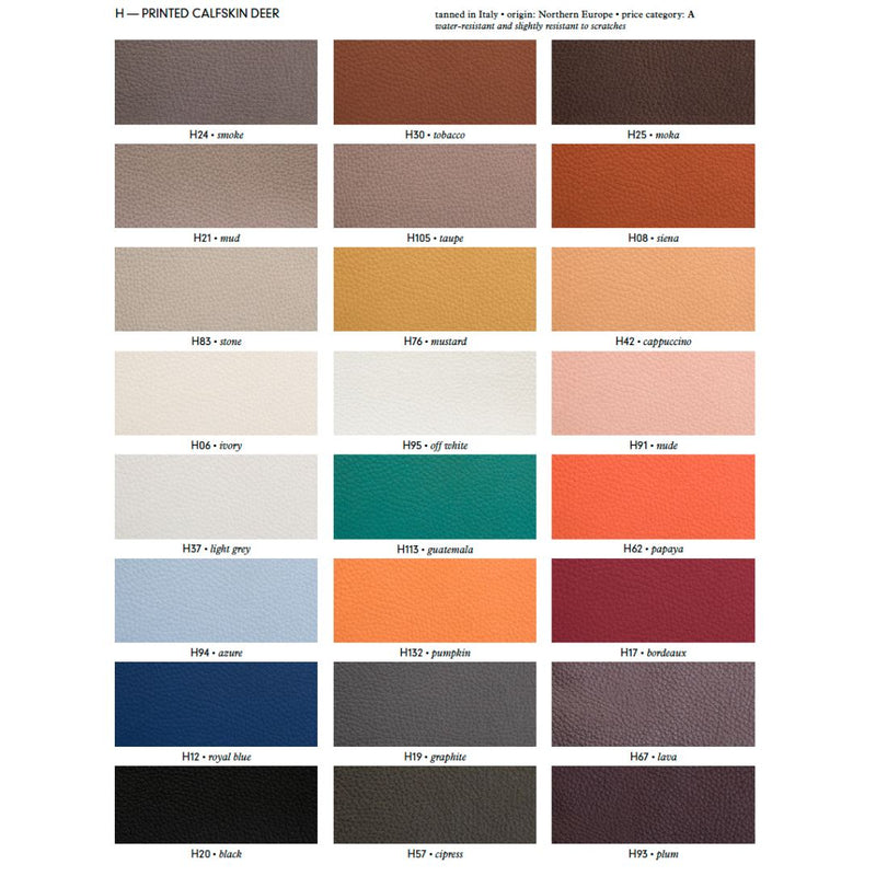 Color swatch chart for printed calfskin deer with various color names and codes.
