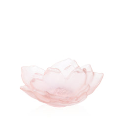 A pink crystal decorative bowl designed in the shape of a camellia flower, with a smooth and shiny surface.