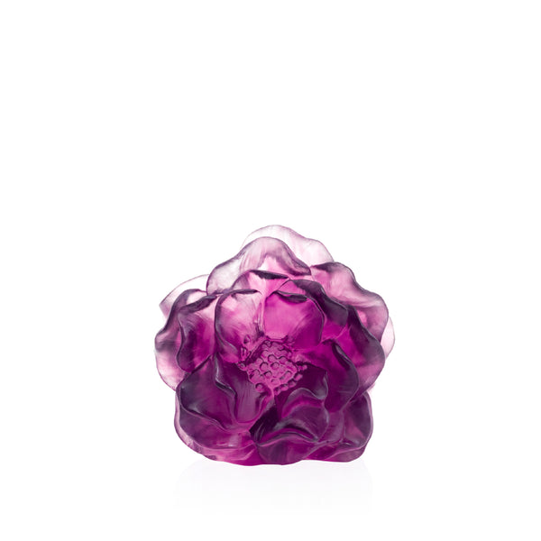 A violet-colored crystal decorative flower sculpture on a plain background.