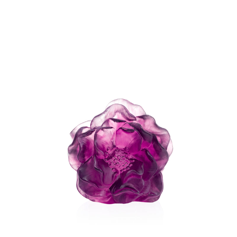A violet-colored crystal decorative flower sculpture on a plain background.