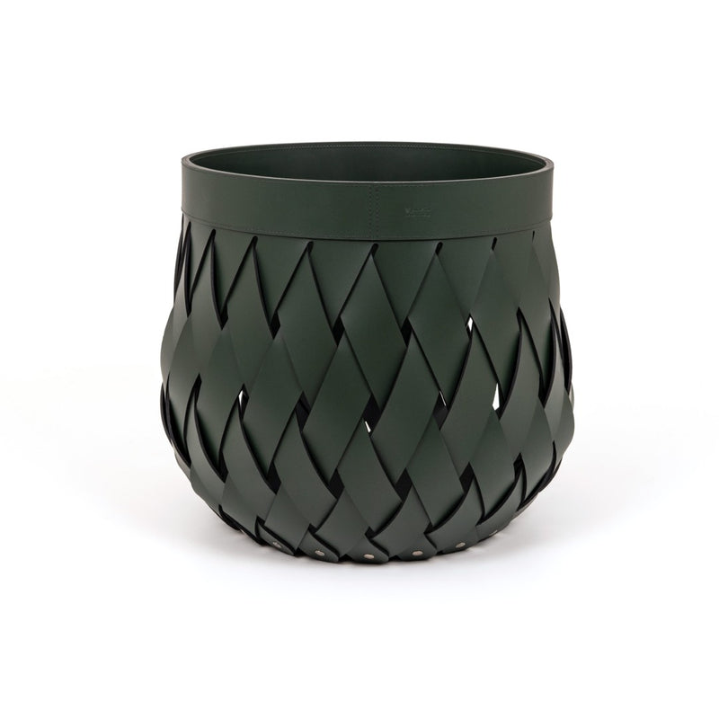 Canaria medium round basket in hunter green regenerated leather by Pinetti, handwoven and outdoor-ready