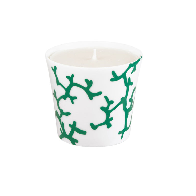 A white porcelain candle with emerald green and green branch patterns, presented in a gift box.