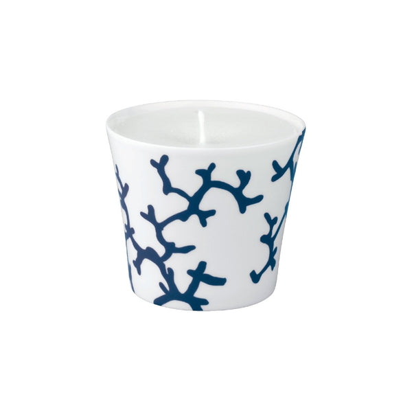 Candle in Gift Box Cristobal Marine porcelain by Raynaud with marine blue coral motifs on white background