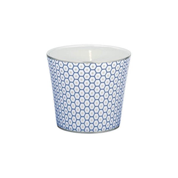 Raynaud Trésor Bleu Limoges porcelain candle in a gift box with cobalt blue and platinum honeycomb design