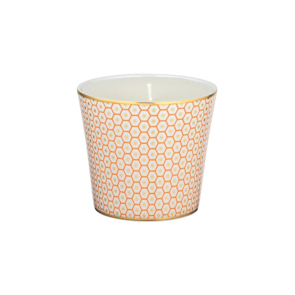 Raynaud Trésor orange porcelain candle with gold-accented honeycomb design in a luxury gift box