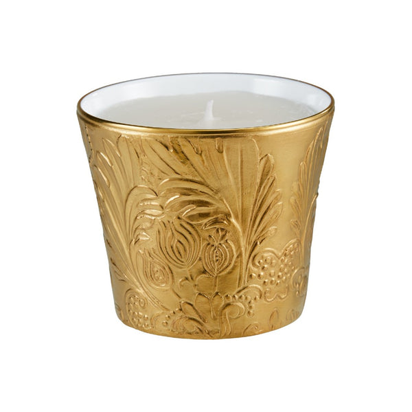 Porcelain candle pot with radiant gold detailing from the Italian Renaissance Gold collection by Raynaud.