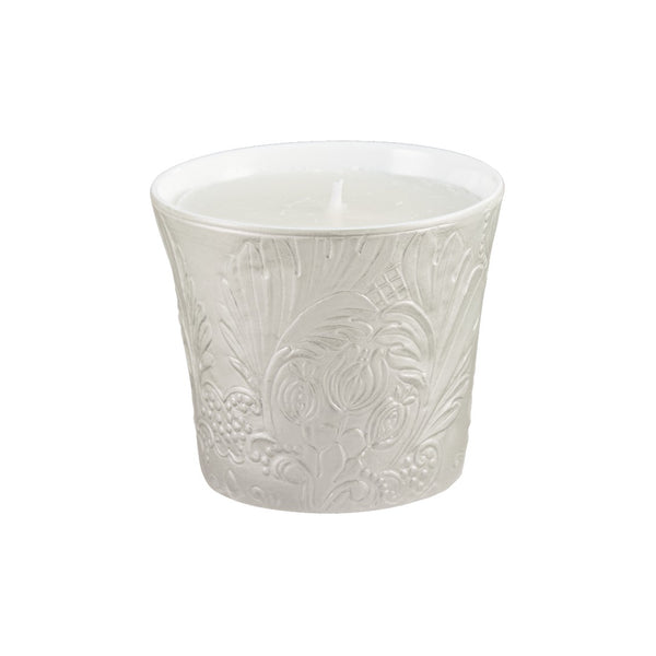 Italian Renaissance Irisé Pearl Grey candle pot by Raynaud in Limoges porcelain with engraved arabesques and pearl grey iridescence.