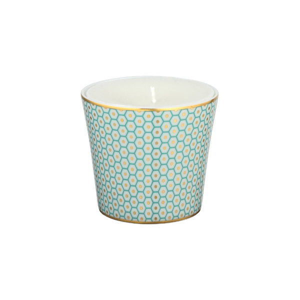 Raynaud Trésor turquoise porcelain candle with gold-accented honeycomb design in a luxury gift box