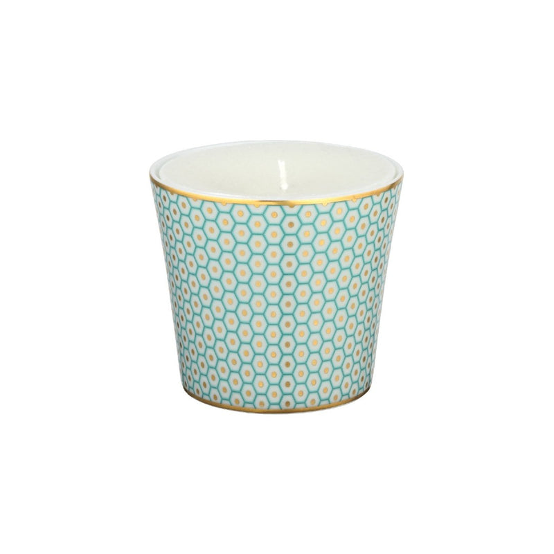 Raynaud Trésor turquoise porcelain candle with gold-accented honeycomb design in a luxury gift box