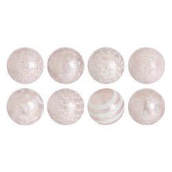 A set of round capiz shell decorative balls in pink with unique patterns, displayed on a plain background.
