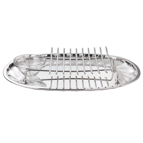 Silver-plated carving tray with removable rack and glass sauce bowl from the Newport collection by Greggio.