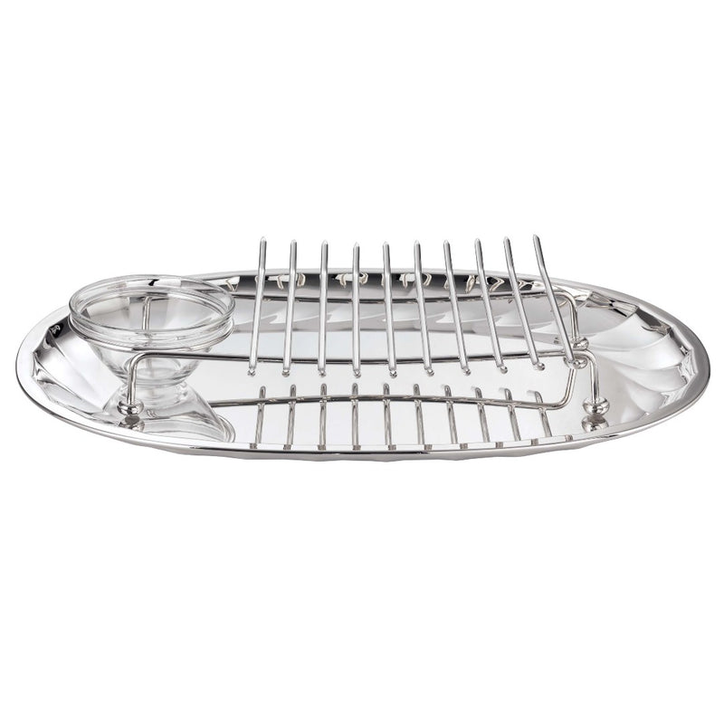 Silver-plated carving tray with removable rack and glass sauce bowl from the Newport collection by Greggio.