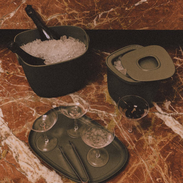 Styled counter with Cast Aluminium Ice Bucket Maris by Kelly Wearstler x Giobagnara