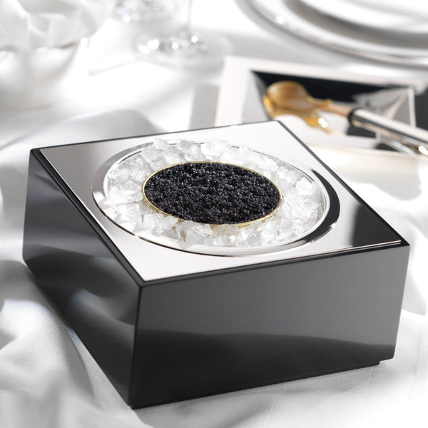 Styled Blackline caviar box in Corian and silver-plated finish by Robbe & Berking