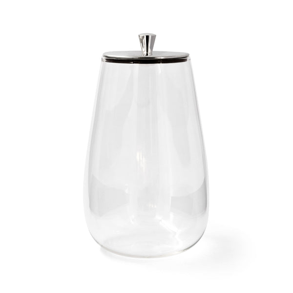 A clear glass cereal muesli jar with a silver-plated lid, featuring a wide mouth and a sleek design.