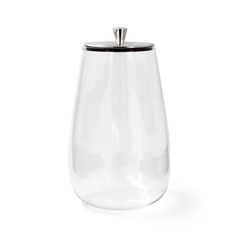 A clear glass cereal muesli jar with a silver-plated lid, featuring a wide mouth and a sleek design.
