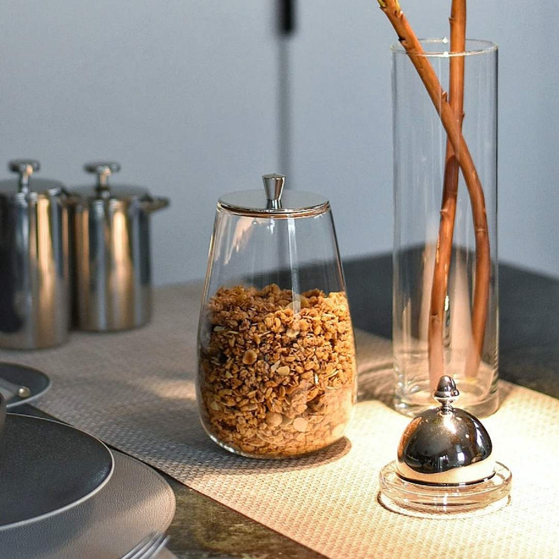 Styled Borosilicate glass cereal muesli jar with airtight silver-plated lid by Greggio, luxury breakfast accessory from Amiramour’s Gourmet Breakfast Collection.