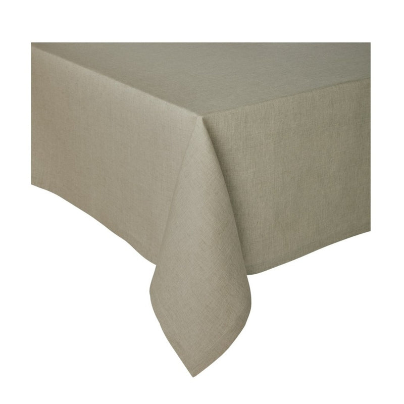 A sage-green linen tablecloth on a table, with a textured and soft feel, certified by Origine France Garantie.