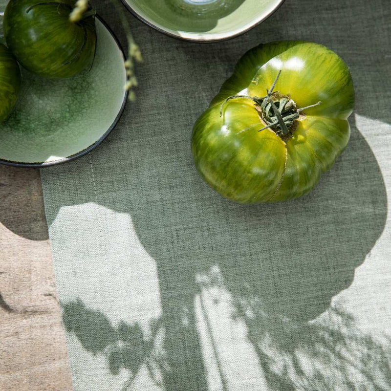 Green tomato on a textured surface with a shadow cast by leaves.