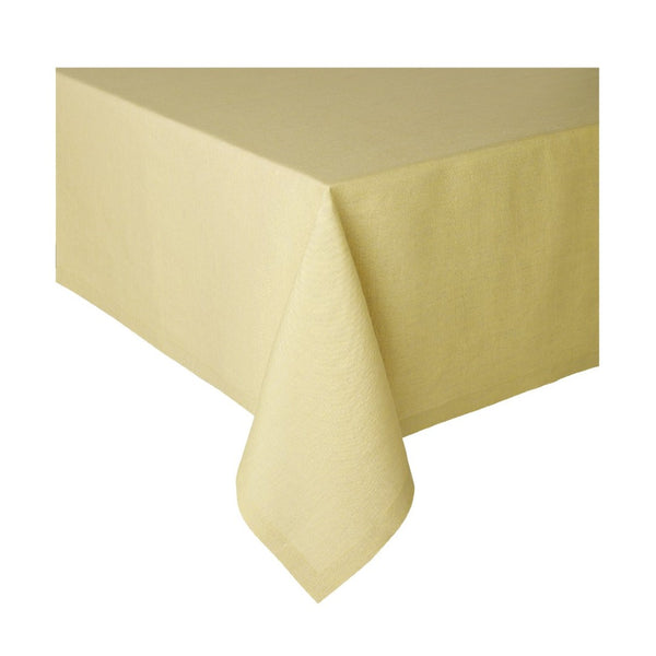 A folded yellow linen tablecloth with a textured look, displayed on a table.