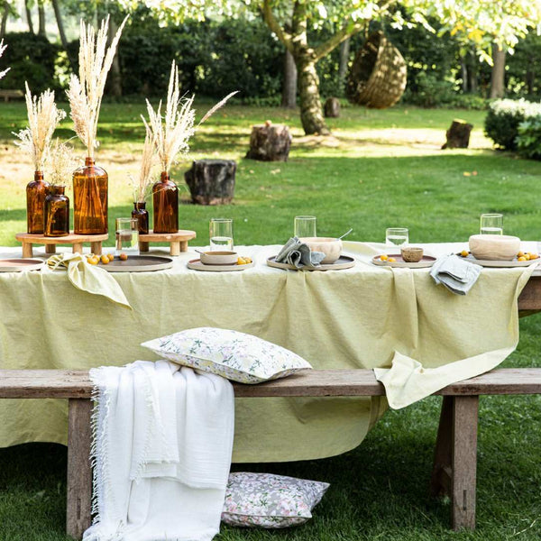Outdoor setting with a table set for a meal in a garden.